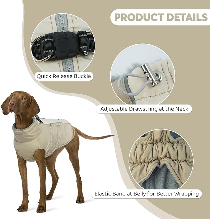 IDOMIK Warm Dog Coat with Harness, Waterproof Reflective Dog Jackets for Small Medium Large Dogs, Fleece High Collar Winter Jacket with Zipper, Pet Winter Snowsuit Clothes for Cold Weather,Khaki M