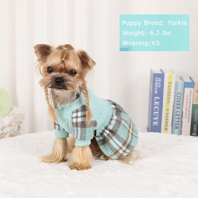 Dog Sweater Dog Winter Clothes for Small Dogs Boy Girl Fall Puppy Dress Warm Fleece Chihuahua Yorkie Teacup Doggie Sweaters Dresses Doggy Sweater for Small Dogs Girl Cat Outfits, Green Plaid, XXS