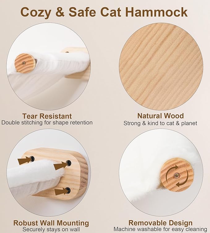 Cat Stairs Hammock Set of 4 – Cat Wall Shelves with 1 Floating Fabric Hammock, 1 Flat Shelf, 2 Wall Ladders with 4 Steps Each