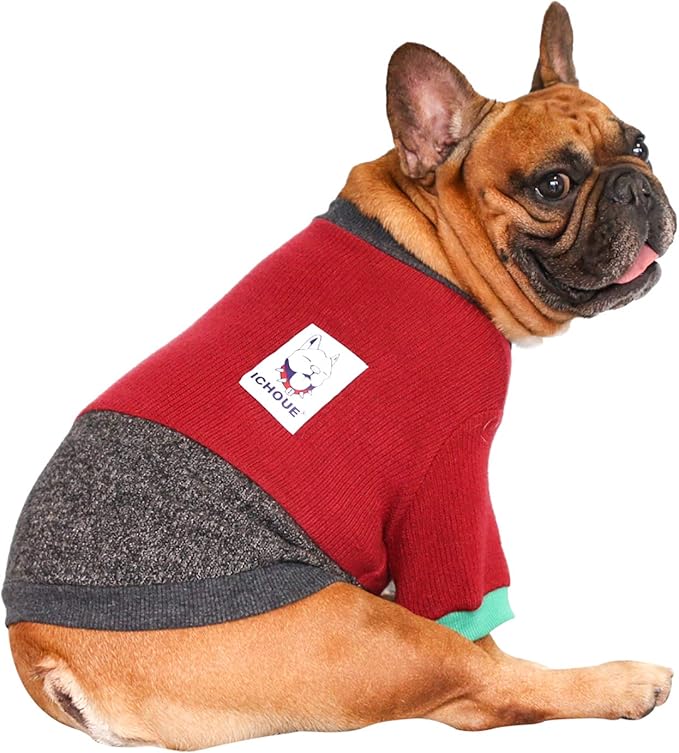 iChoue Pet Dog Crewneck Sweater Color Block Pullover Winter Warm Clothes for English Bulldog Bully Pitbull - Red and Black/XLarge