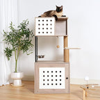 Cat Tree with Litter Box Enclosure, All-in-one Cat Tower for Indoor Cats with Large Hammock, Bed, Food Station, Scratching Posts, Modern Style Gray+White Cat Furniture