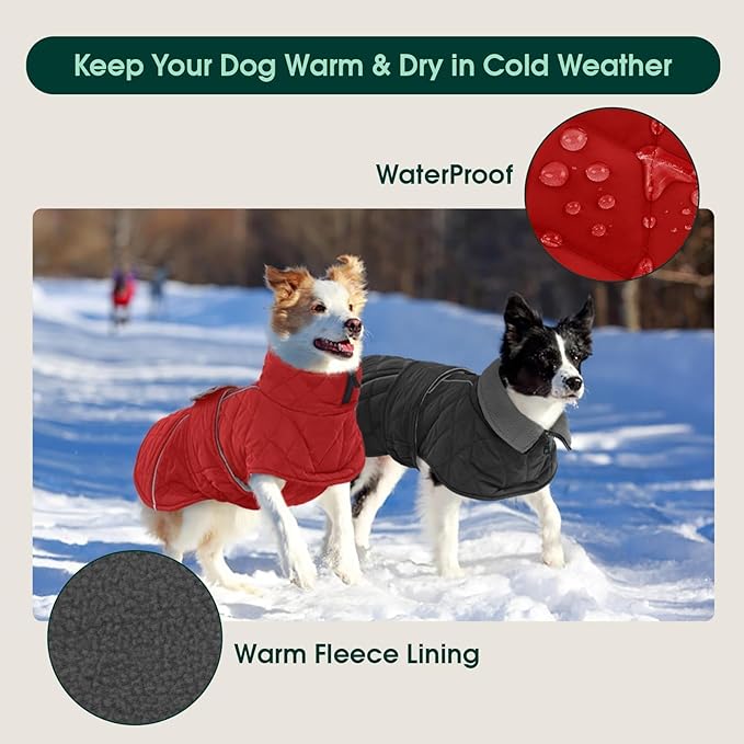 Kuoser Dog Coat, Super-Warm Dog Jacket Windproof Pet Cold Weather Coats for Extra Large Dogs, Fleece Lining Quilted Turtleneck Puppy Snowsuit Reflective Adjustable Doggie Winter Clothes, Red, 2XL