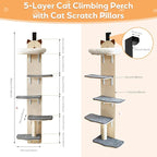 5-Levels Door Hanging Cat Climber, Door-Mounted Vertical Cat Tree Tower with Full Carpeted Plank & Cat Scratching Post for Small Medium Large Cats (5-Levels, Cat Head Style)