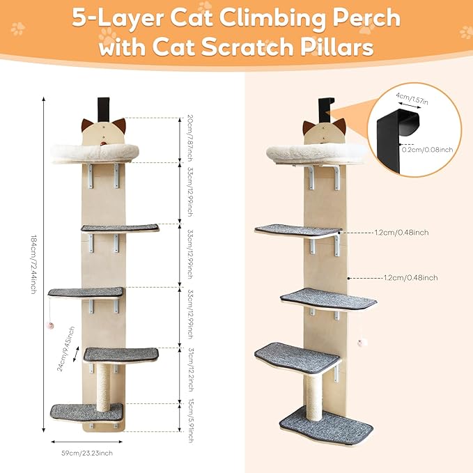 5-Levels Door Hanging Cat Climber, Door-Mounted Vertical Cat Tree Tower with Full Carpeted Plank & Cat Scratching Post for Small Medium Large Cats (5-Levels, Cat Head Style)