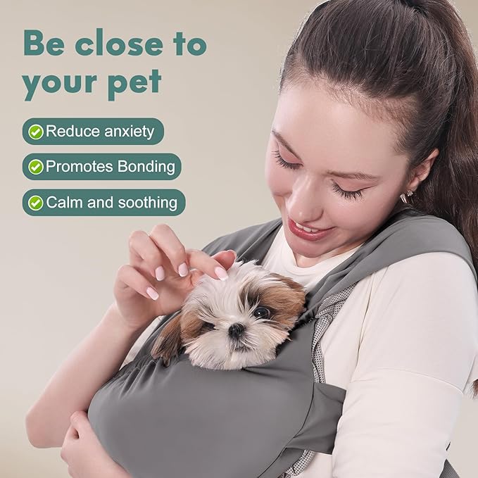 Supet Dog Sling Carrier for Small Pets, Hands Free Cat Sling, Reducing Back Neck Pain Anti-Anxiety Puppy Front, Adjustable Soft Dog Carrying (Grey, Regular 0-9 Lbs)