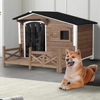 Dog House for Outdoor Use with Matel Frame, Waterproof Design- All-Weather Wooden Kennel with Sliding Window & Metal Frame (Brown, L)