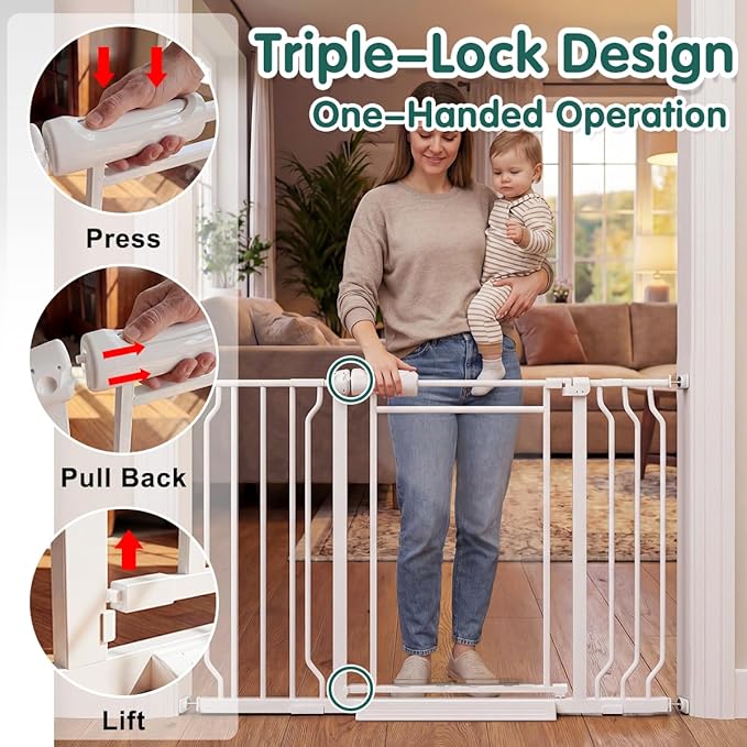 TSAYAWA Triple-Lock Acrylic Extra Wide Baby Gate 66.95"-74.8", Crystal Clear Transparent Pet Gate for Dogs, Heavy Duty Metal Gate for Doorways, Pressure Mount Child Safety Barrier, Auto Close, White