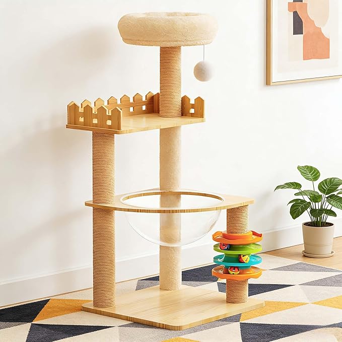 39.3” Wood Cat Tower with Sisal Scratching Post, Modern Cat Tree with Acrylic Bowl, Climbing Ladder & Hanging Ball Toy, Multi-Level Cat Activity Center (39.3 inch)