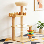 39.3” Wood Cat Tower with Sisal Scratching Post, Modern Cat Tree with Acrylic Bowl, Climbing Ladder & Hanging Ball Toy, Multi-Level Cat Activity Center (39.3 inch)
