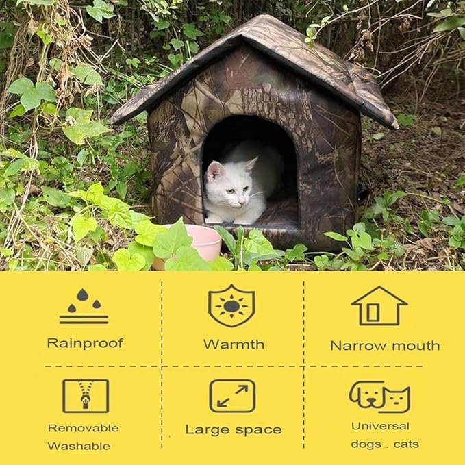 Outdoor/Indoor Faux Woodland Frame Thermal Cat House, Waterproof, Insulated, Concealed, Collapsible, Removable, Easy to Clean. Suitable for Felines or Small Dogs(L)