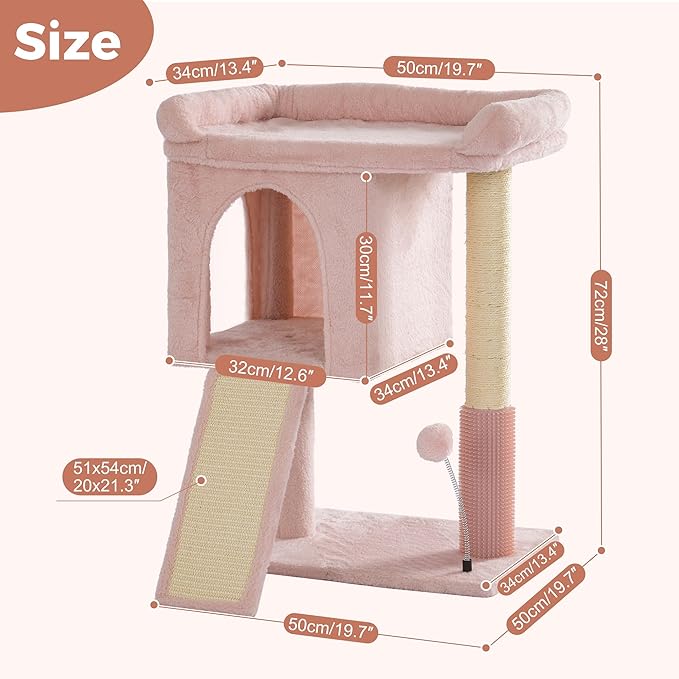 Pink Cat Tree Tower for Large Cats with Large Top Bed 20x13.8”Private Cat Condo,Sisal Scratching Post and Ramp and Self Groomer and Spring Ball-Pink