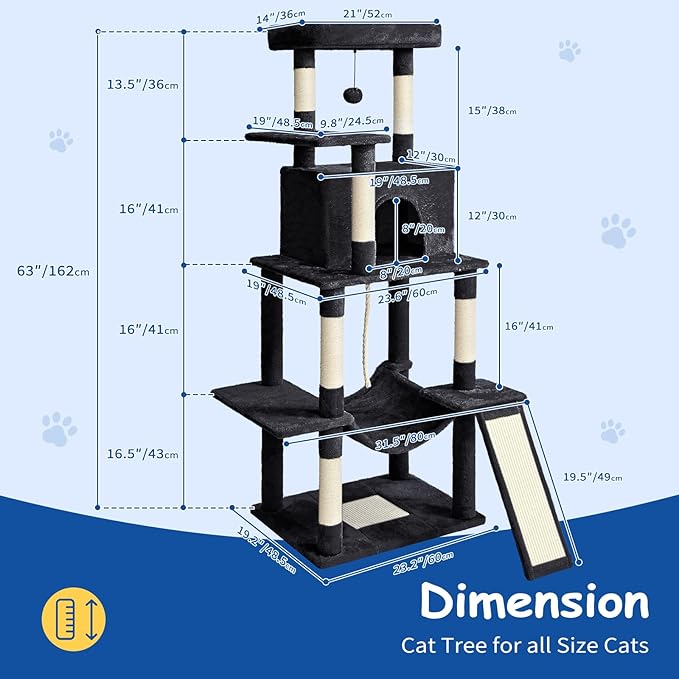 Cat Craft Cat Tree 63 Inch Cat Tower for Indoor Cats, Multi-Level Cat Tree for Large Cats 20 lbs+ Heavy Duty Cat Tower with Sisal Scratching Posts, Hammock, Condo and Extended Platform, Black
