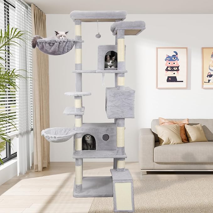 84.6in Cat Tree, Patent Fabric Multilevel Cat Tower for Adult Cats, Climbing Tree House and Towers with Condo Hammock Scratching Post Large Platform Wide Base