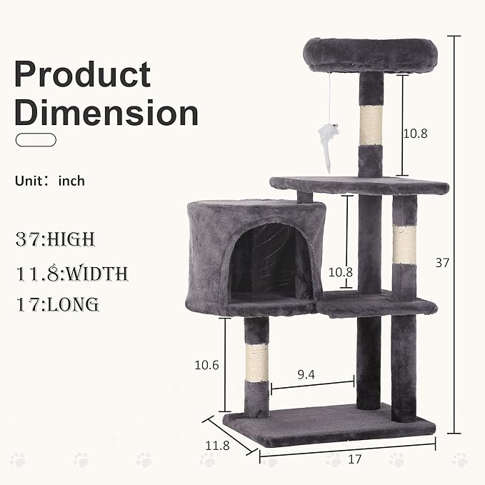 36" Multi-Level Cat Tree Tower with Scratching Posts, Toys & Condo - Space-Saving Design for Indoor Kittens, Compact Floor Footprint & Vertical Space for Multi-Cat Homes-Light Grey