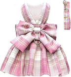 PETCARE Plaid Dog Dress Bow Tie Harness Leash Set for Small Dogs Cats Girl Cute Princess Dog Dresses Spring Summer Puppy Bunny Rabbit Clothes Chihuahua Yorkies Pet Outfits,Chest 19"