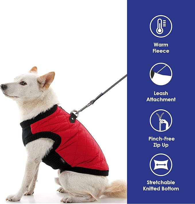 Gooby Fashion Vest Dog Jacket - Red, Large - Warm Zip Up Dog Bomber Vest with Dual D Ring Leash Water Resistant for Small to Medium Dogs