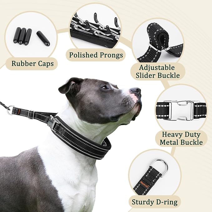 Mayerzon Prong Collar for Large Medium Dogs, Patented Reflective Pinch Collar with Metal Buckle, No Pull Adjustable Hidden Covered Dog Walking Training for Pitbull German Shepherd Doberman(Black, XL)