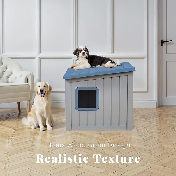DRATO Outdoor Dog House Indoor and Outdoor Sloped Roof Resin Material with Weatherproof Roof Removable Floors for Small to Middle Sized Dogs Easy to Assemble（Blue，24.65 * 21.5 * 22.21