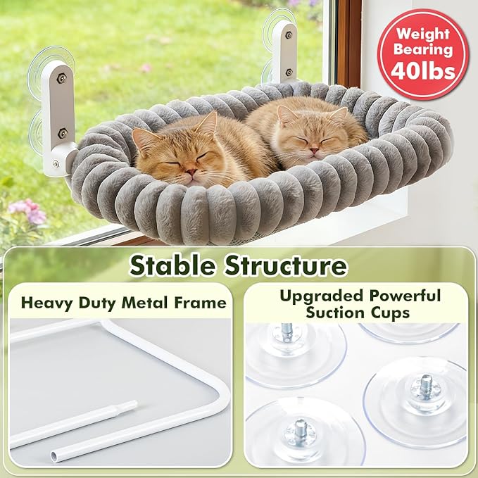 2PC Cat Window Perch with Bolster Foldable Cat Hammock Cushion Bed for Window with Metal Frame, Cloud-Cuddle Cordless Window Resting Seat for Indoor Cats (Cushion Bed, Gray-M)