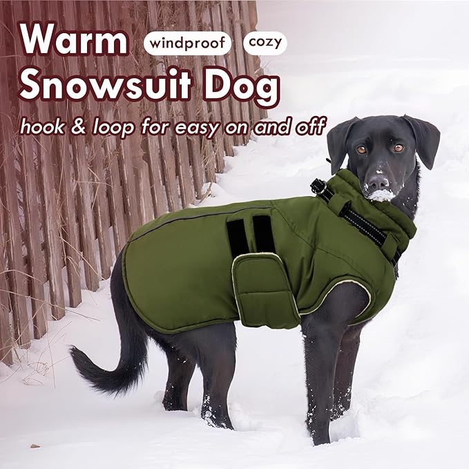Large Dog Jacket, Waterproof Winter Coat with Harness Built in, Reflective Adjustable Hook&Loop Dog Snowsuit Cold Weather, Warm Snow Coat for Dogs French Bulldog, L Green