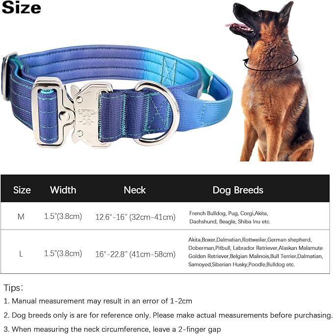 Tactical Dog Collar, 1.5" Wide Thick Heavy Duty Dog Collar with Handle, Soft Neoprene Padded Military-Grade Nylon Training Collar with Quick Release Metal Buckle for Medium Dogs (Blue, M)