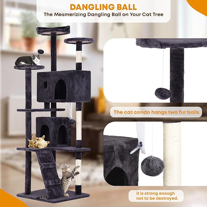70in Cat Tree for Indoor Cats, Cat Tower with Cat Scratching Post, Multi-Level Cat Furniture, Cat Tower with Funny Toys for Kittens-Ashy