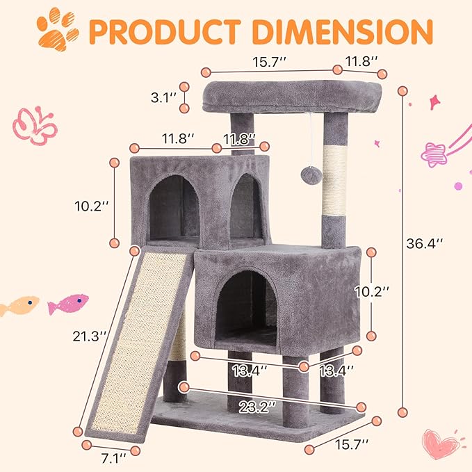 Cat Tree 36-Inch Cat Tower with Scratching Post Multi-Level Cats Condo with Ramp,Large Perch,Dangling Ball,Pet Play Tower for Kittens & Adult Cats(Ashy)
