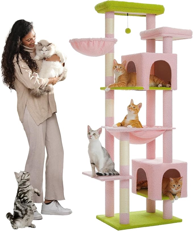 PETEPELA 69" Tall Cat Tree for Indoor Large Cats, Cat Tower for Adult Cats with Big Hammock, Cat Climbing Tree Tower with Scratching Posts, Condo House and Large Top Perch, Pink Green