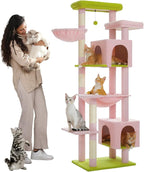 PETEPELA 69" Tall Cat Tree for Indoor Large Cats, Cat Tower for Adult Cats with Big Hammock, Cat Climbing Tree Tower with Scratching Posts, Condo House and Large Top Perch, Pink Green