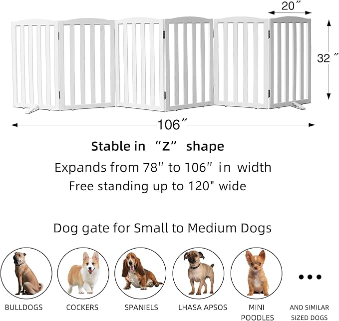 Freestanding Dog Gate Indoor,Doggie Gate Foldable Dog Gates for Doorways,Stairs or Hallways, Wooden White Pet Gate for The House, Pet Fence with Support Feet Included,32 "Height-6 Panels