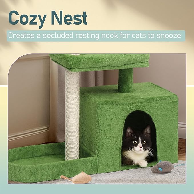 39in Plush Cat Tree with Leaves,Multi-Level Cats Tower,Large Pet Activity Center,with Sisal Scratching Post, Cozy Cat Condo, Padded Beds, Dangling Ball,for Kittens and Indoor Cats (Green)