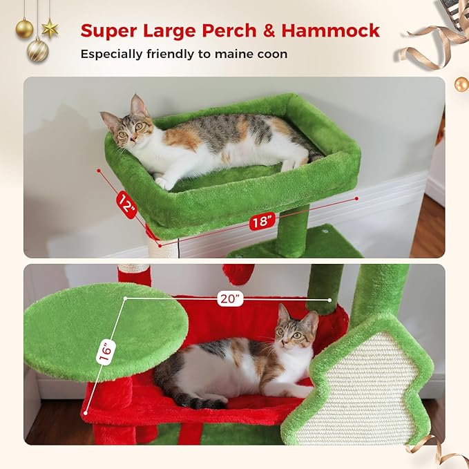 PETEPELA Christmas Cat Tree for Indoor Cats, 5-Level Cat Tower with Large Hammock (20"x 16"), Cozy Condo and Scratching Posts, 56.3" Tall Cat House with Big Top Perch & Christmas Tree Scratching Pad