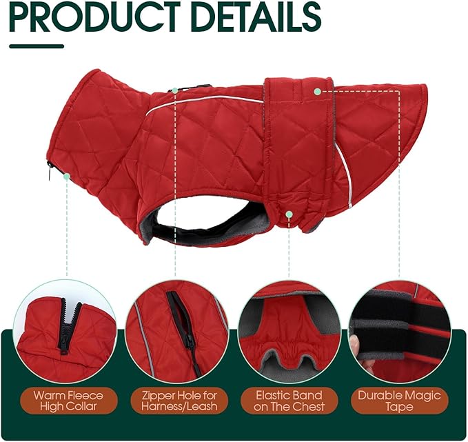 Kuoser Dog Coat Thermal Fleece Lined Dog Jacket, Adjustable Hook & Loop Dogs Coats for Medium Dogs Windproof Reflective Puppy Snow Jackets Pet Cold Weather Clothes with Harness Hole, Red, M