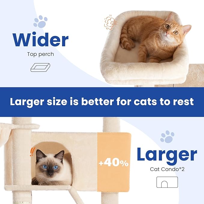 Cat Tree 82 in Multi-Level Cat Tower for Indoor Cats, Heavy Duty Large Cat Tree with Sisal Scratching Posts, Hammock, 2 Perches, 2 Condos, 2 Hanging Baskets, Beige