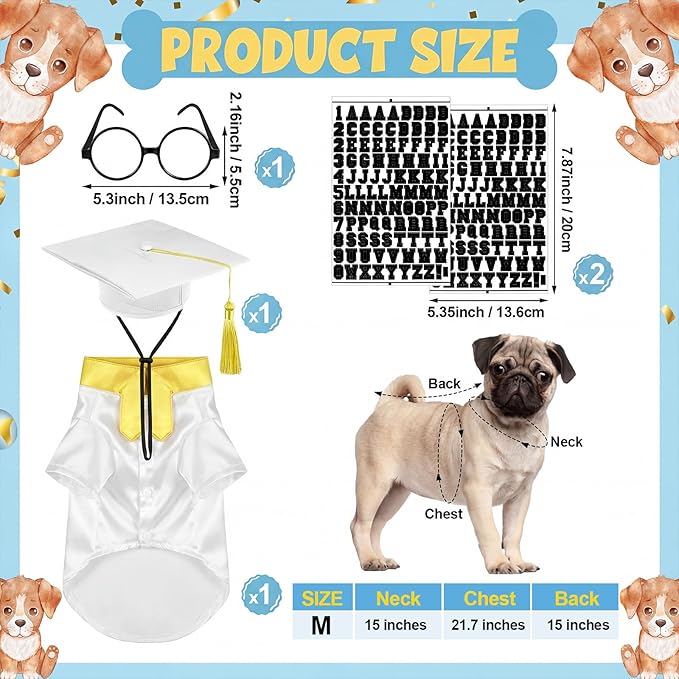 5 Pcs Dog Graduation Costume Set Include 2026 Pet Graduation Gown with Stole Puppy Grad Cap Lensless Glasses DIY Letter Stickers for Dogs Cats Holiday Costume Accessory(White Gold,M)