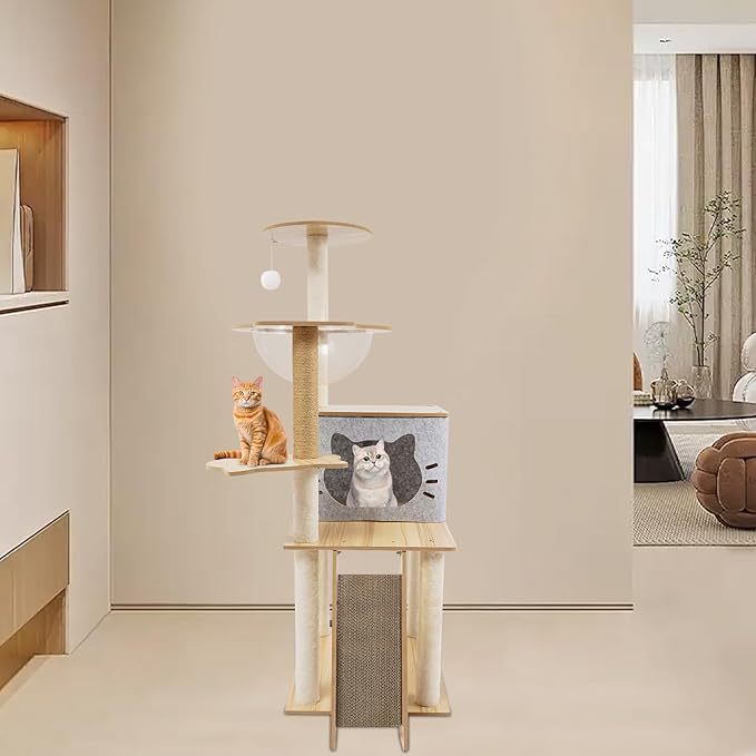 Cat Tree, W15.7*D19.7*H47.2in Cat Climbing Tower for Indoor Cats, Multi-Layer Cat Condo with Cat House, Transparent Capsule, Platforms, Scratching Posts, Holds 7.5kg/16.5lbs