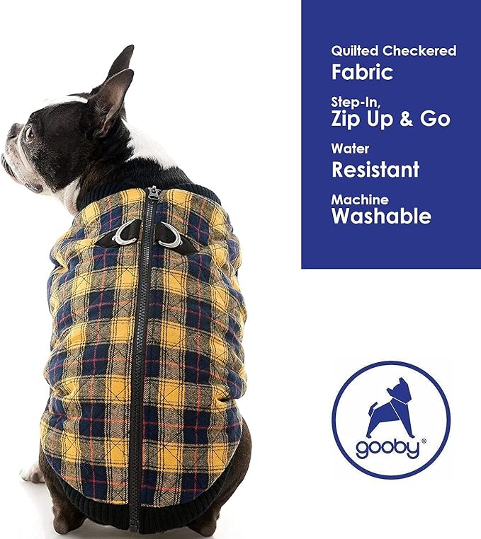 Gooby Fashion Vest Check Dog Jacket - Yellow Check, Large - Warm Zip Up Bomber Vest Dual D Ring Leash - Winter Water Resistant Sweater - Clothes for Small or Medium Dogs