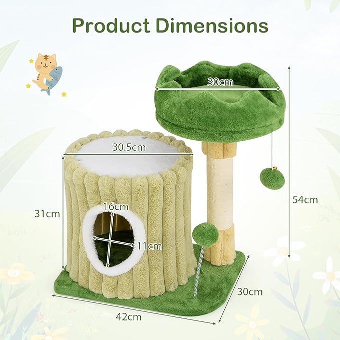 PETSITE 21.5-inch Cute Cat Tree, Small Cat Tree with Sisal Scratching Post, Cat Condo, Padded Top Perch, Interactive Spring and Dangling Ball, Ideal for Small Indoor Cats and Kittens, Green