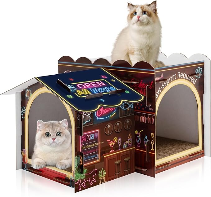 2 Story Cardboard Cat House with Scratcher Pad for Small Kitten,17x12x10 Multi Level Durable Cat Condo & Villa for Bunny Rabbit Small Animals Christmas Birthday Gift(Bar)