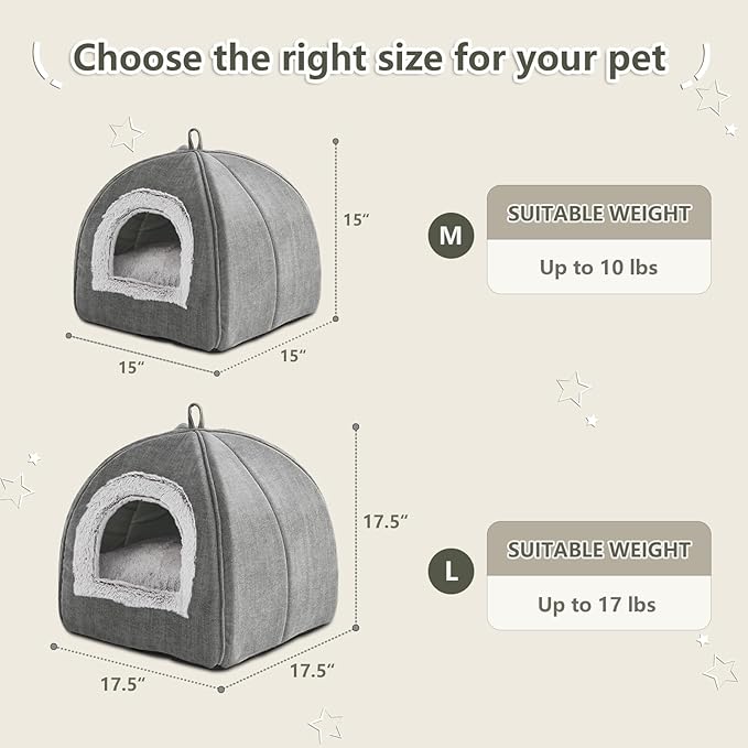 Cat Bed Cave-Cat Beds for Indoor Cats,Kittens and Small Pets,Soft and Warm Cats House Tent Bed,Foldable and Washable with Removable Cushioned and Anti Slip Bottom,Grey 15inches
