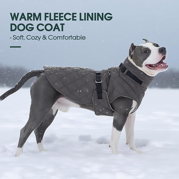 Kuoser Dog Coat Warm Fleece Lining Turtleneck Dog Jacket with Harness Built-in, Adjustable Windproof Cold Weather Coats with Quick Release Buckle Pet Winter Snowsuit for Extra Large Dogs, Grey 2XL