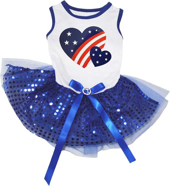 Petitebella USA Twins Heart Puppy Dog Dress (White/Blue Sequins, Large)