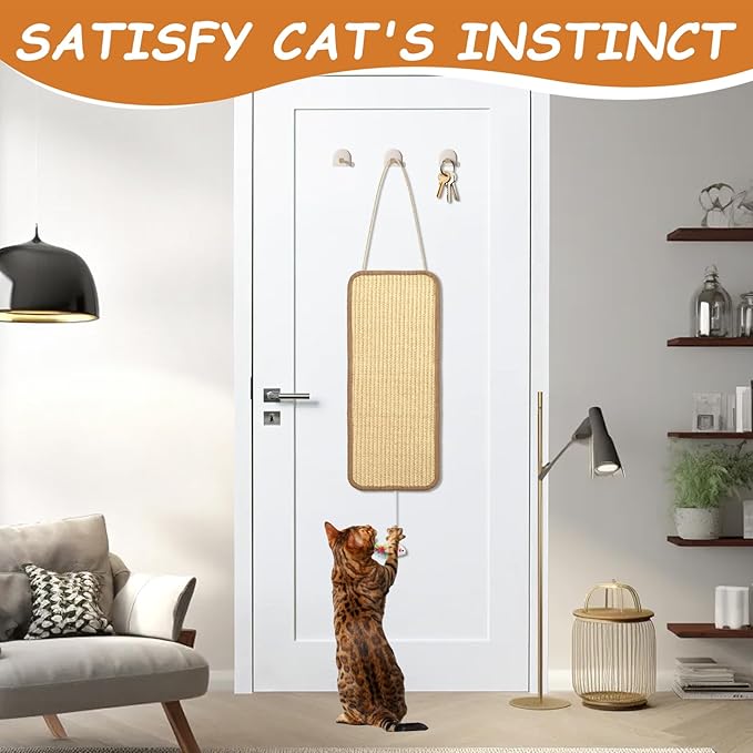 3 Pcs Sisal Door Cat Scratching Mat,7.9"x19.6" Cat Scratching Pad with a Mouse Play Toy-Wall Floor Mount-Double Use Hanging Scratcher with Hemp Rope for Protector Sofa,Wall,Furniture,Floor and Door