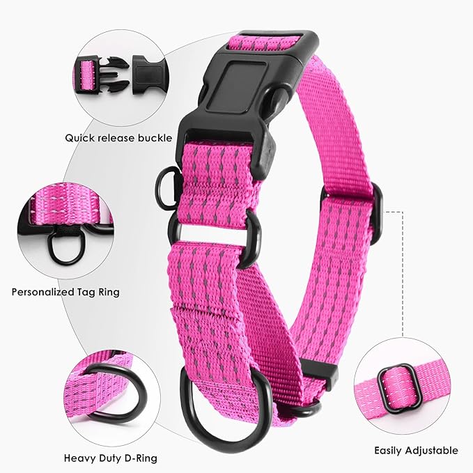 Martingale Dog Collar, Reflective No Pull Training Collar with Quick Release Buckle, Adjustable Heavy Duty Nylon Choker Collars for Small Medium Large Dogs(S,Pink)