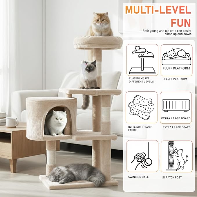 ‌Dopinmin 36" Winter Cat Tree - Plush Multi-Level Indoor Cat Tower with Sisal Scratching Posts & Ramp Plush Condo for Kittens,Beige