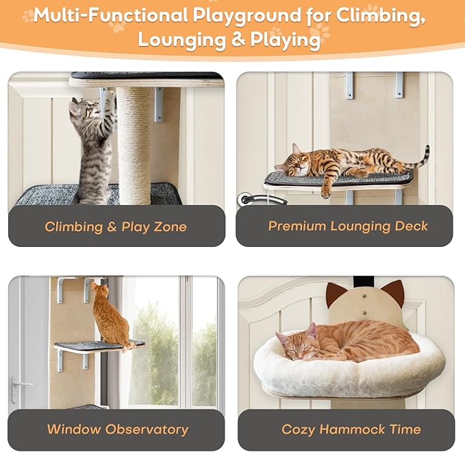 5-Levels Door Hanging Cat Climber, Door-Mounted Vertical Cat Tree Tower with Full Carpeted Plank & Cat Scratching Post for Small Medium Large Cats (5-Levels, Cat Head Style)
