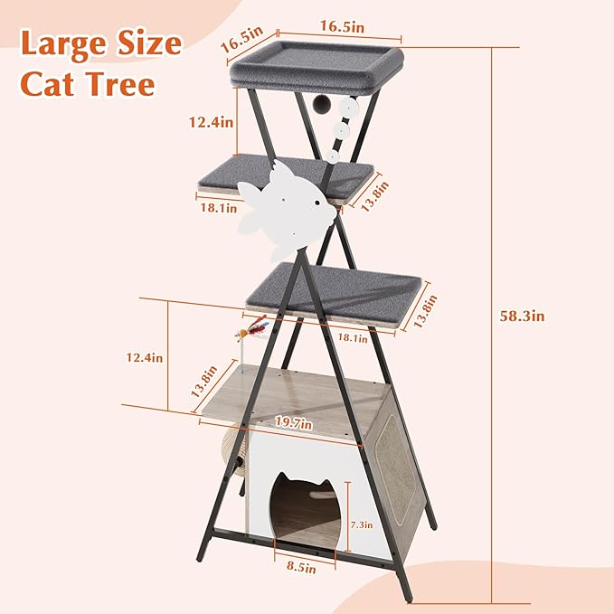 HavenlyYouth Modern Cat Tree for Indoor Cats, Tall Cat Tower with Condo, Multi-Level Cat Tree with Cave, Scratching Board,Removable Pads for Cats, X Style, Light Gray