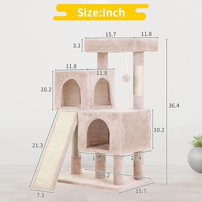 BestPet 36 inches Cat Tree for Indoor Cats Cat Tower with Scratching Posts Multi-Level Cat Furniture Condo with Ramp, Perch Spacious Cat Cave & Funny Toys for Kittens House,Beige