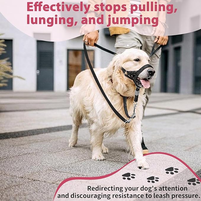 BARKLESS Sturdy No Pull Head Collar for Medium Large Dogs, Gentle Reflective Head Halter with Safety Link, Adjustable Nylon Dog Training Muzzle Leash for Walking Control (Hot Pink, XL)
