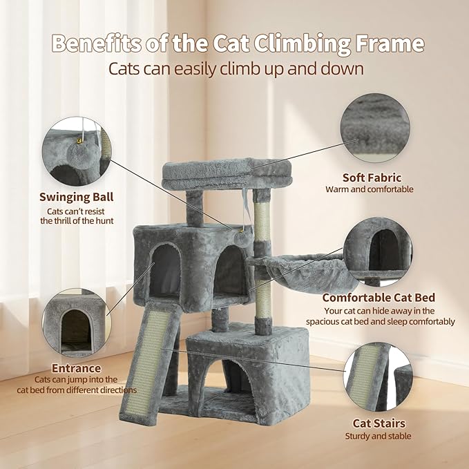 35.8-inch Cat Tree with Double Cat Beds & Hammock, Plush Perch Scratcher with Comfort Sleep Platform and Toy Ball for Indoor Cats (Grey)
